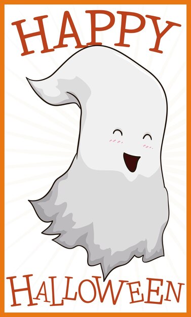 Vector cartel de saludo con un lindo fantasma sonriente vistiendo una tela andrajosa y celebrando un feliz halloween