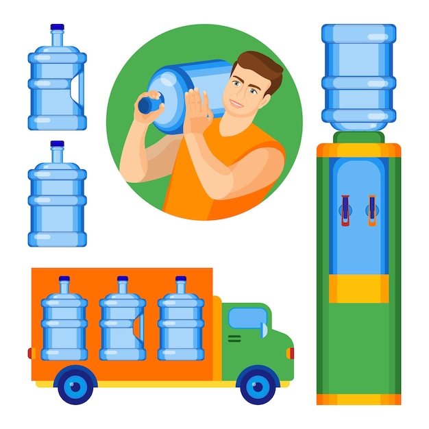 Vector cartel del servicio de entrega de agua embotellada con un hombre que entrega una botella a la oficina, un automóvil que transporta agua limpia a los consumidores y un enfriador con líquido frío y caliente