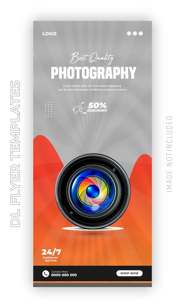 un cartel para una sesión de fotos con un lente y una tapa de lente