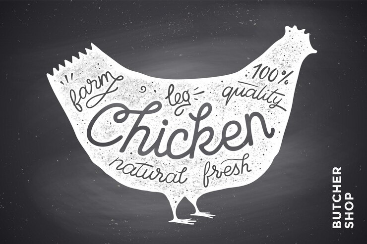 Vector cartel con silueta de pollo rojo. letras