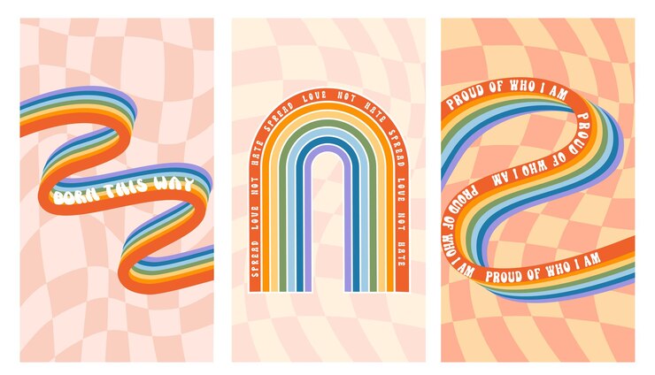 Vector cartel de símbolos de la comunidad lgbtq vibraciones del mes del orgullo retro con imágenes prediseñadas de arco iris
