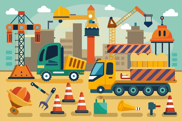 un cartel con un sitio de construcción y grúas de construcción y equipos de construcción