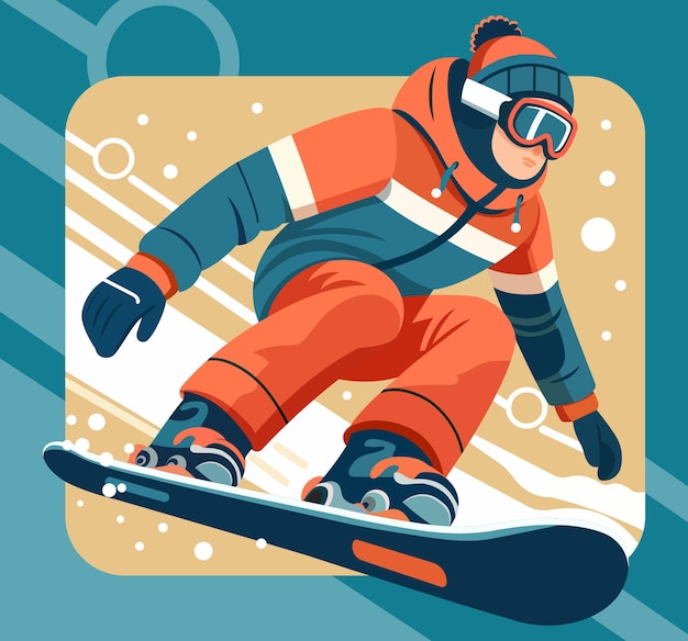 un cartel con un snowboarder en un estilo plano
