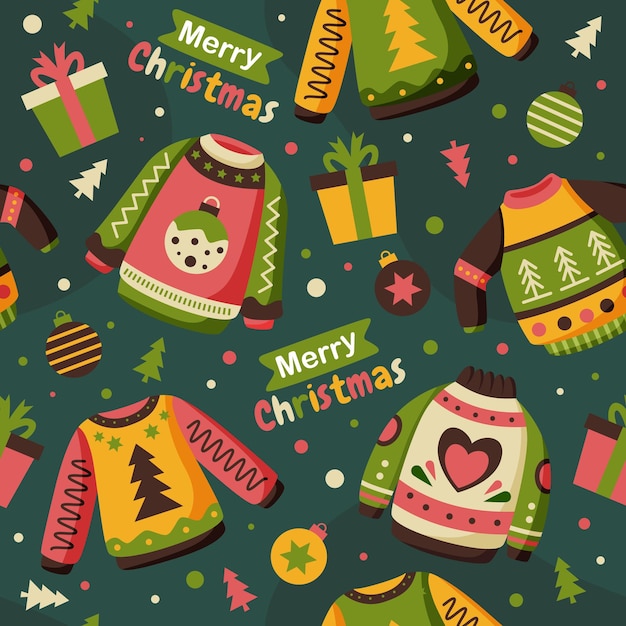 un cartel con un suéter de Navidad y una tarjeta con las palabras Feliz Navidad en él