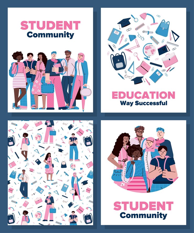 Vector cartel de suministros de educación y comunidad estudiantil con gente de dibujos animados