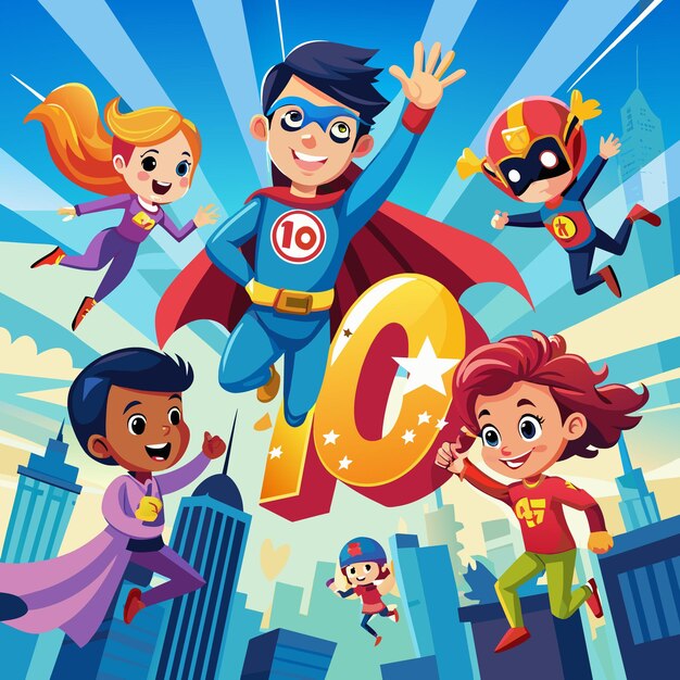 Un cartel para un superhéroe con el número 10 en él y niños en disfraces volando sobre el horizonte de la ciudad