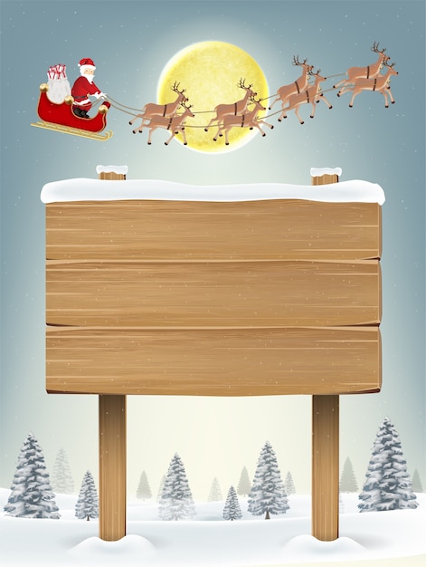 Cartel de tablero de madera con santa claus y renos