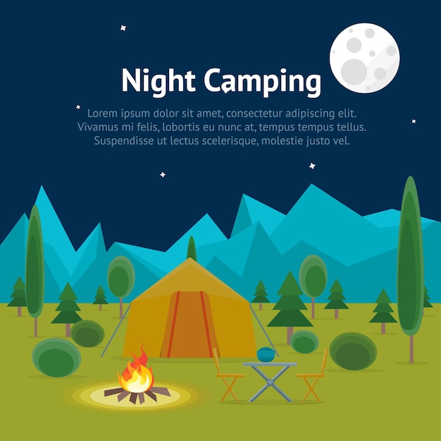 Cartel de tarjeta de vista nocturna de camping de dibujos animados con carpa y hoguera diseño de estilo plano ilustración de vector de turismo de verano al aire libre