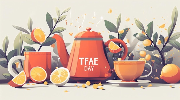 Vector un cartel de una taza de té y naranjas