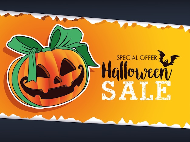 Vector cartel de temporada de venta de halloween con calabaza y cinta