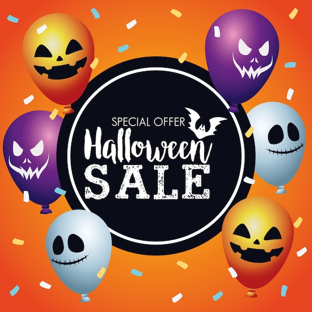 Cartel de temporada de venta de halloween con globos de helio.