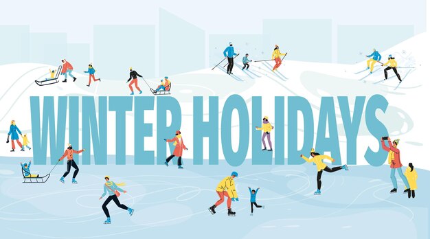 Cartel de texto de vacaciones de invierno con gente feliz divirtiéndose con actividades al aire libre, esquí, trineo, patinaje alrededor de letras de saludo