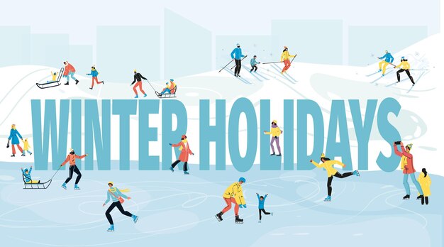 Vector cartel de texto de vacaciones de invierno con gente feliz divirtiéndose con actividades al aire libre, esquí, trineo, patinaje alrededor de letras de saludo