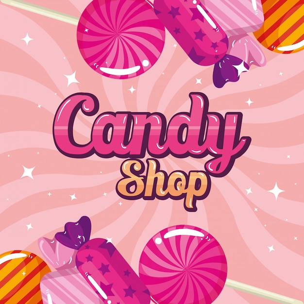 Vector cartel de tienda de dulces con caramelos de marco