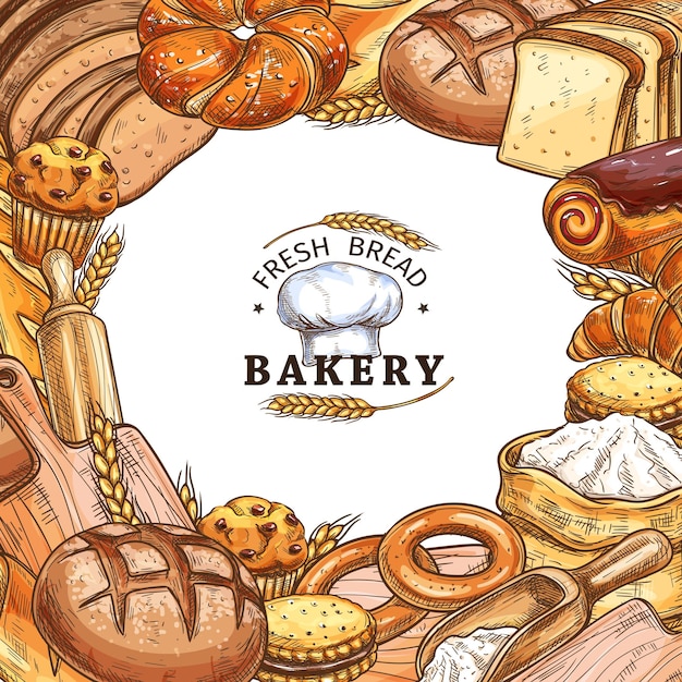 Cartel de la tienda de panadería con boceto de pastelería dulce de pan