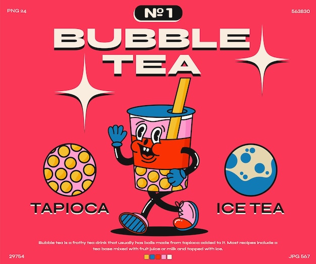 Cartel tipográfico de bebidas frías con ilustración de té de burbujas de personaje de dibujos animados maravilloso