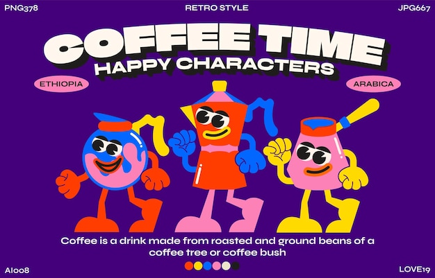 Cartel tipográfico de ilustración de cafetería de café de bebida de personaje de dibujos animados maravilloso