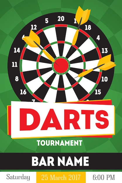 Cartel de torneo de dardos de dibujos animados, tarjeta para bar con estilo de diseño plano de fecha