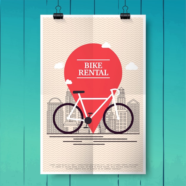 Cartel con tours de alquiler de bicicletas para turistas y visitantes de la ciudad. plantilla de cartel o pancarta. concepto de ilustración vectorial moderna.