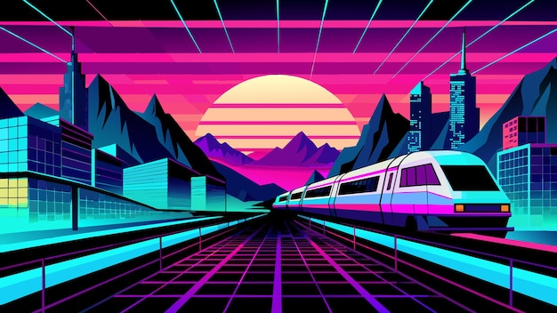 Vector un cartel para un tren que tiene un atardecer en él