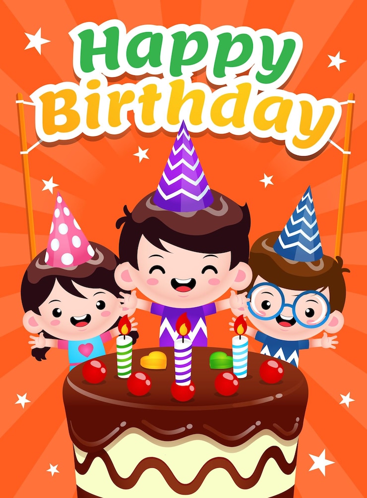 Vector cartel de tres niños celebrando feliz cumpleaños