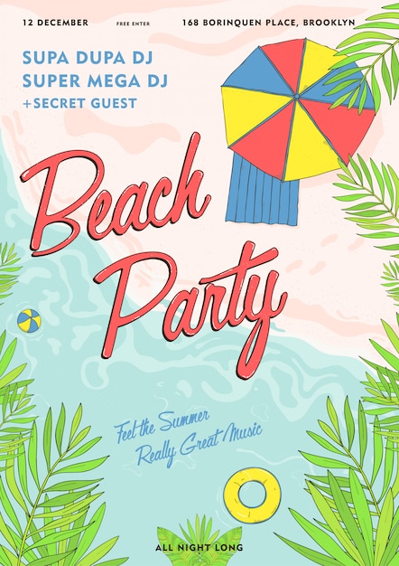 Cartel tropical de fiesta en la playa colorido. evento de verano, cartel de ilustración de vector de festival.