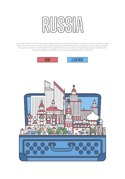 Cartel turístico de Rusia con maleta abierta