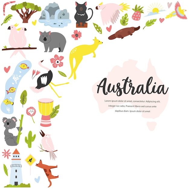 Vector cartel turístico con símbolos y animales famosos de australia imagen conceptual de explore australia