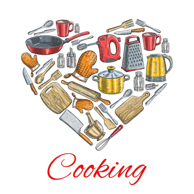 Cartel de utensilios de cocina en forma de corazón.