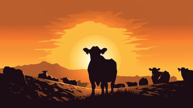 Vector un cartel de una vaca y vacas en la puesta de sol