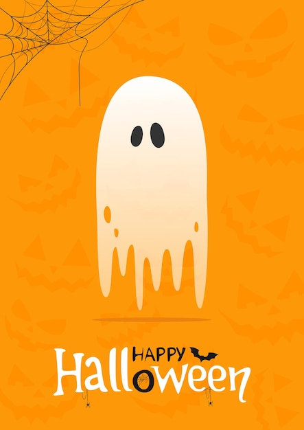 Vector cartel de vacaciones con fantasma sobre fondo naranja con siluetas de caras talladas de calabazas. vec de halloween