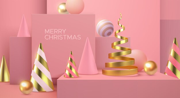 Cartel de vacaciones de feliz navidad con formas 3d abstractas sobre fondo interior minimalista rosa suave