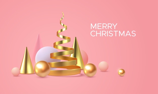 Cartel de vacaciones de feliz Navidad con formas abstractas 3d sobre fondo rosa suave