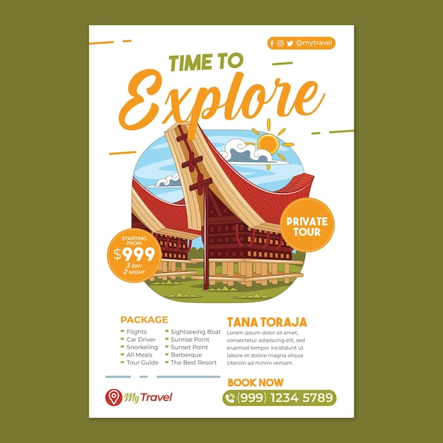 cartel de vacaciones de tana toraja en estilo de diseño plano