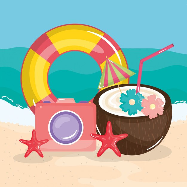 Cartel de vacaciones de verano con escena de playa e iconos