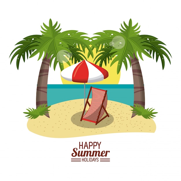 Cartel de vacaciones de verano feliz. silla de playa paraguas palma arena océano sol