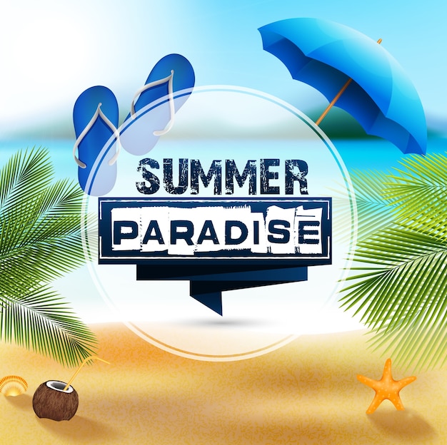 Cartel de vacaciones de verano Paradise con vistas a la playa de verano