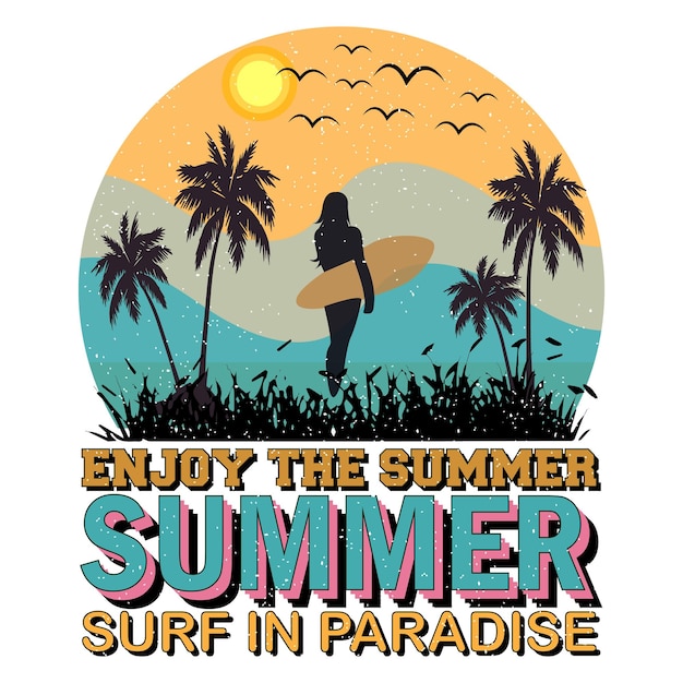 Un cartel para unas vacaciones de verano con un surfista en la playa.
