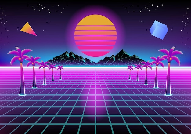 un cartel para un vaporwave retro con palmeras y montañas