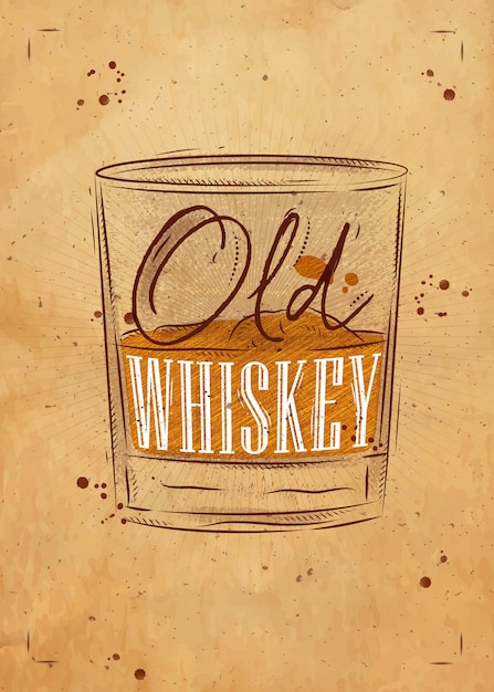 Cartel de vaso de whisky con letras de whisky antiguo kraft