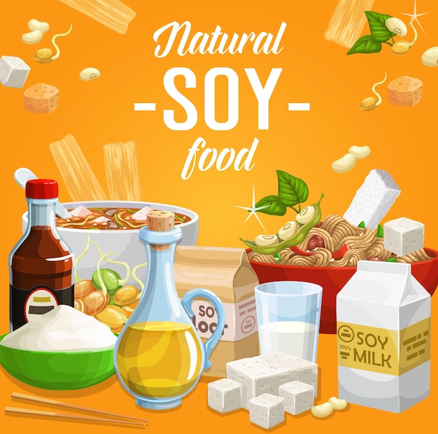 Vector cartel de vector de alimentos orgánicos de soja productos de soja