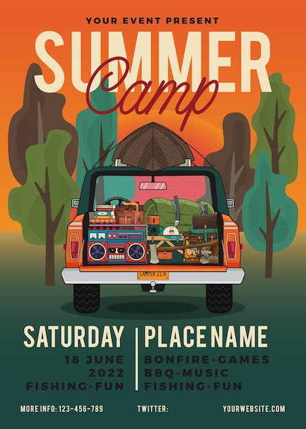 Cartel de vector con coche de época y inscripción de campamento de verano