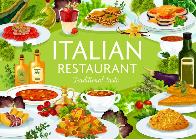 Cartel de vector de comida de restaurante italiano comidas de italia