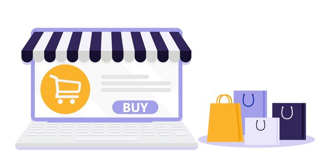 Cartel de vector de diseño plano de plantillas web de ilustración de concepto de compras en línea