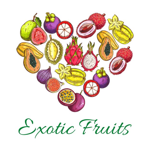 Cartel de vector de frutas frescas exóticas en forma de corazón