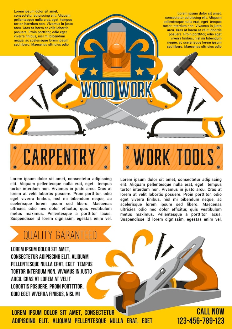 Vector cartel de vector de herramientas de trabajo de carpintería de carpintería