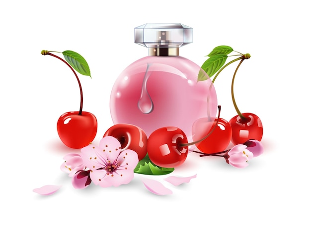 Cartel de vector con una ilustración 3D con una hermosa botella de perfume de mujer cerezas rojas maduras