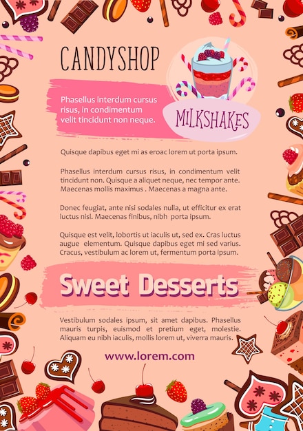 Cartel de vector de postres de dulces de panadería para café