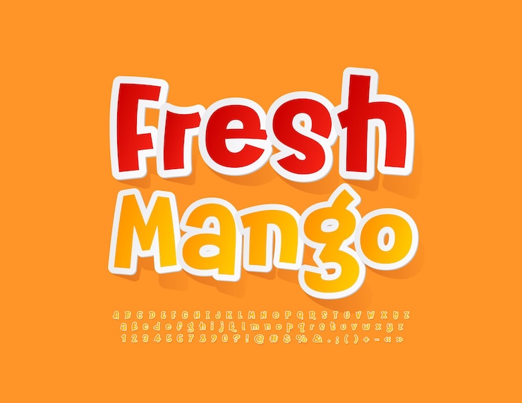Vector cartel vectorial colorido mango fresco fuente amarilla divertida alfabeto artístico moderno letras y números