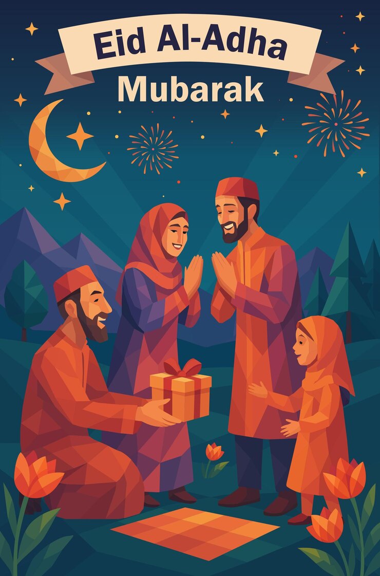 Un cartel vectorial plano de Eid Al Adha Mubarak con la familia intercambiando regalos por la noche